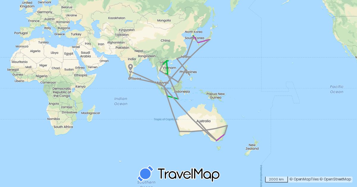 TravelMap itinerary: driving, bus, plane, train in Australia, Brunei, China, Indonesia, India, Japan, Cambodia, North Korea, South Korea, Laos, Malaysia, Philippines, Singapore, Thailand, Taiwan, Vietnam (Asia, Oceania)